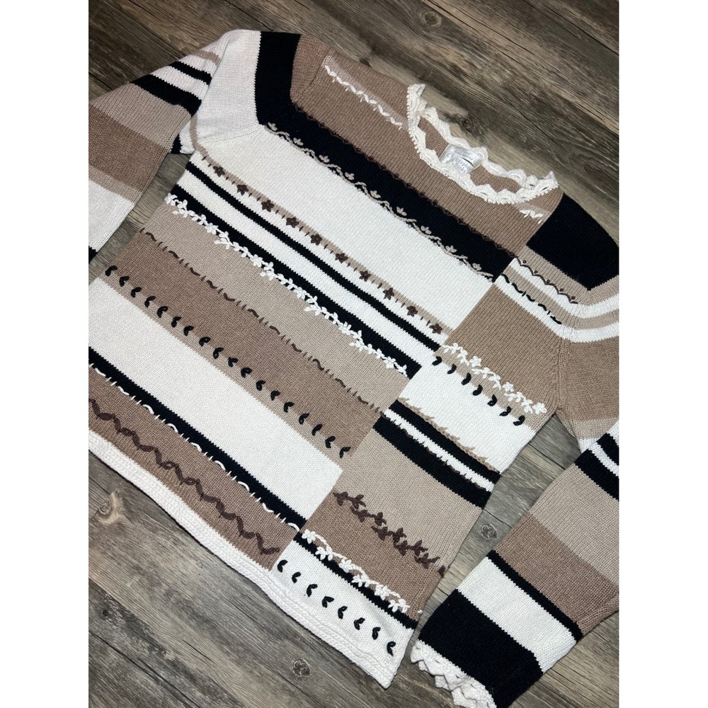 VTG Christopher & Banks Patchwork Striped Knit Sweater Neutral Boho Cottagecore - Picture 2 of 6